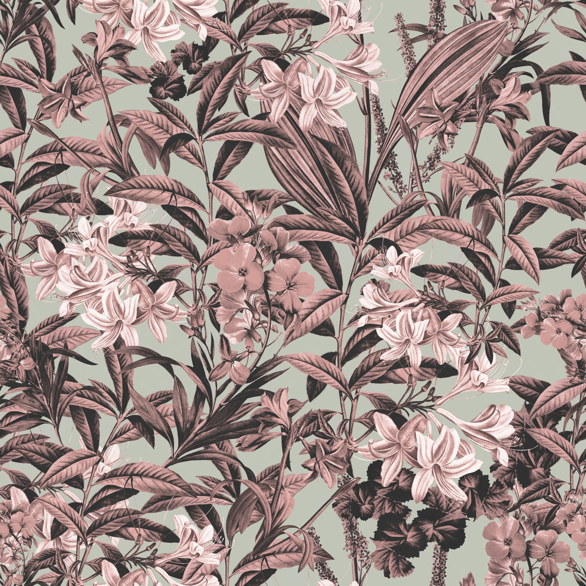 Muted Sage and Rose Garden Motif Wallpaper⁠ in your room — zoomed