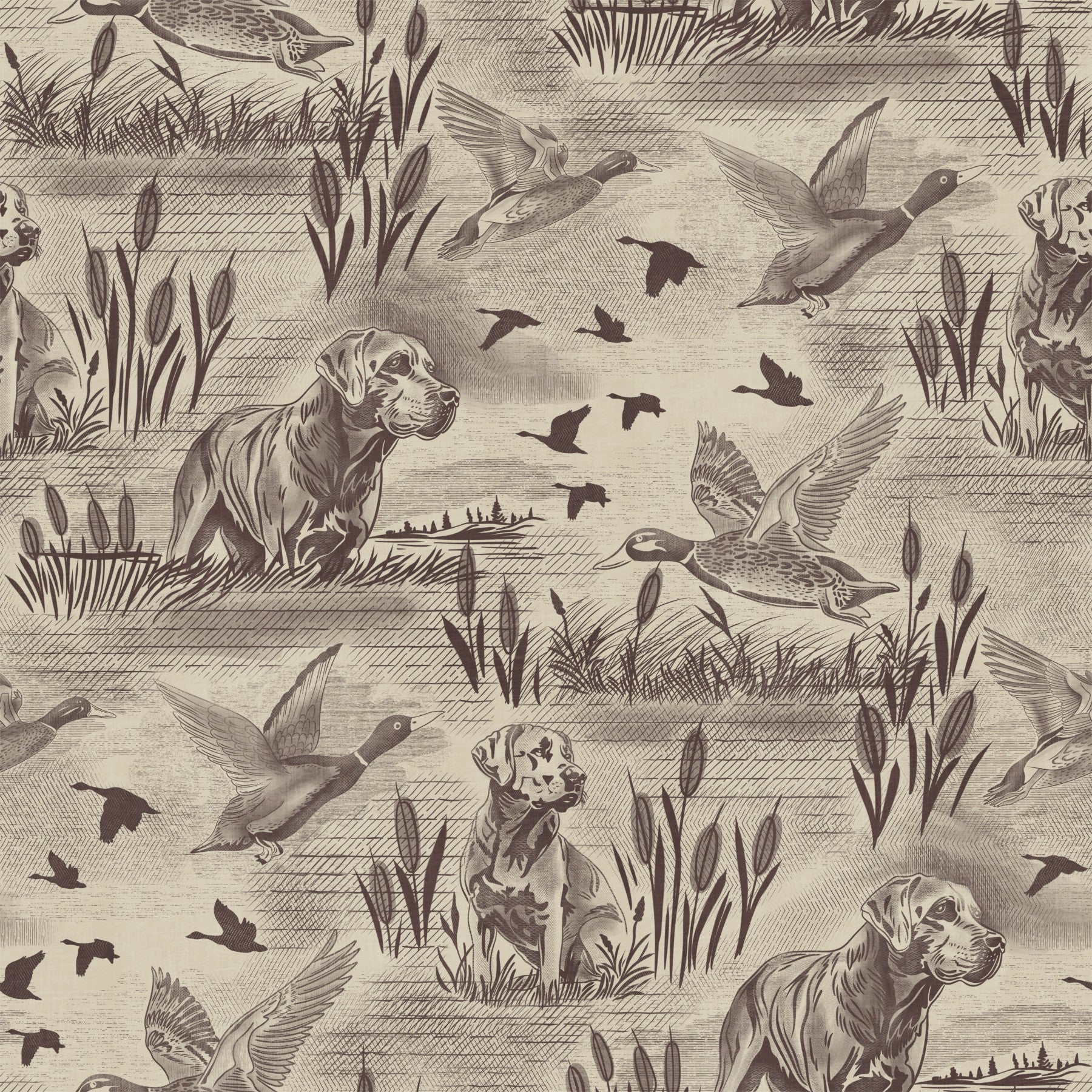 Etched Wildlife Meadow and Retriever Pattern Wallpaper⁠