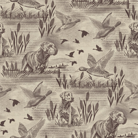 Etched Wildlife Meadow and Retriever Pattern Wallpaper⁠