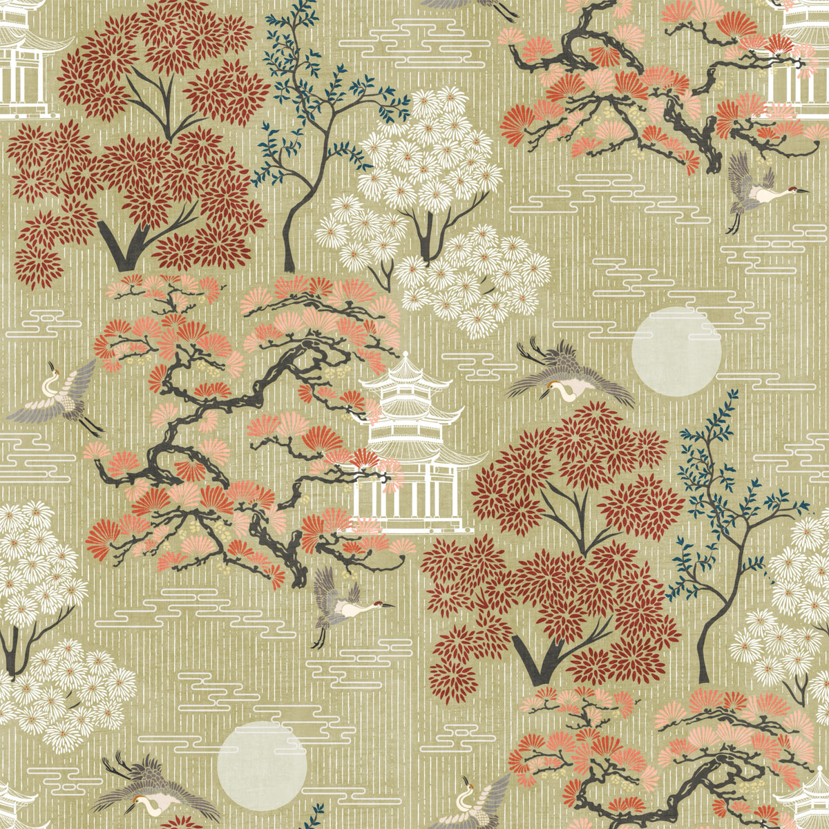 Oriental Crane and Pagoda Garden Wallpaper⁠