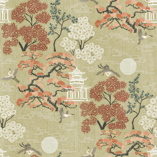 Oriental Crane and Pagoda Garden Wallpaper⁠