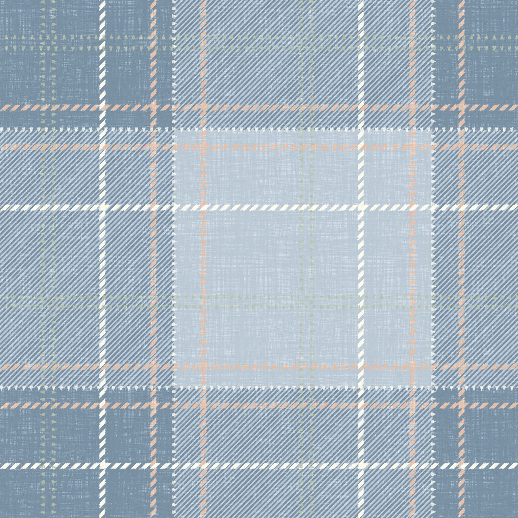 Heritage Plaid - Tartan Checkerboard Block Linen - French & Denim Blue Wallpaper⁠