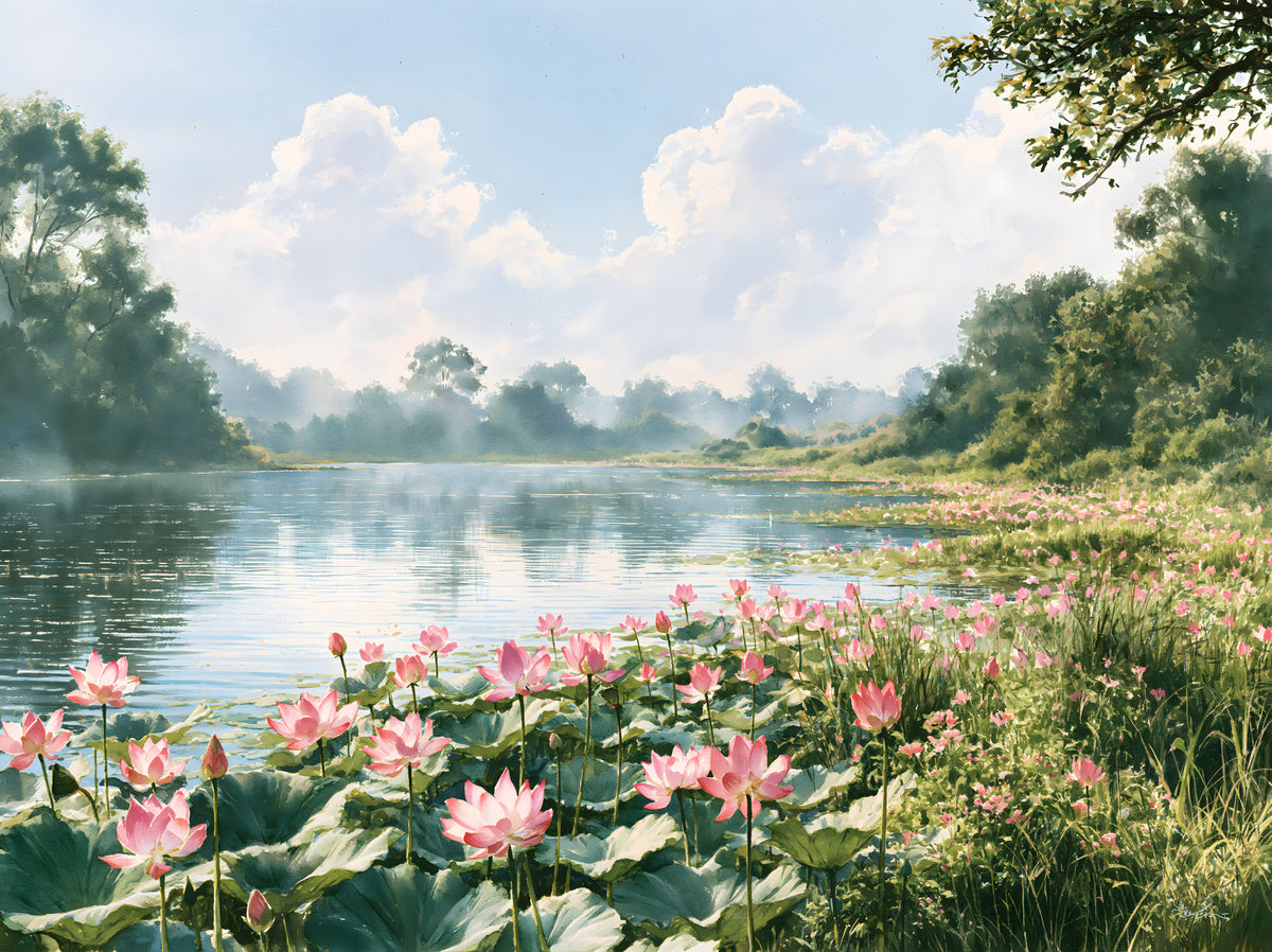 Pink Lotus Pond Landscape Wall Mural in your room