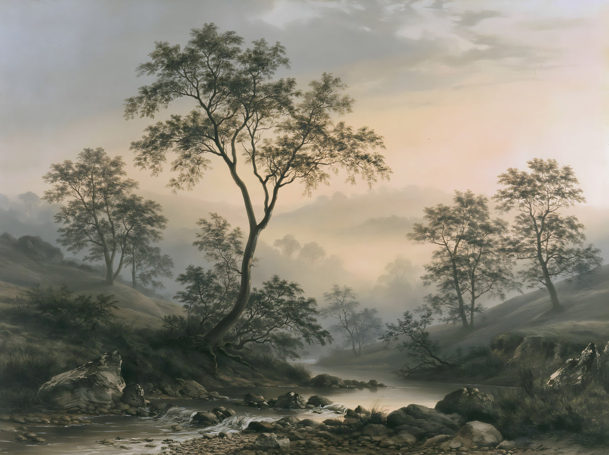Misty River Valley Landscape Wall Mural in your room