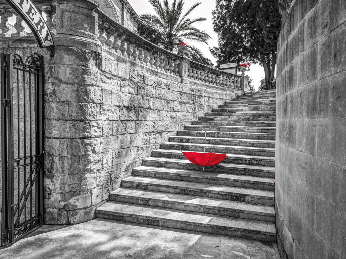 Monochromatic Staircase with Red Accents Wall Mural in your room — zoomed