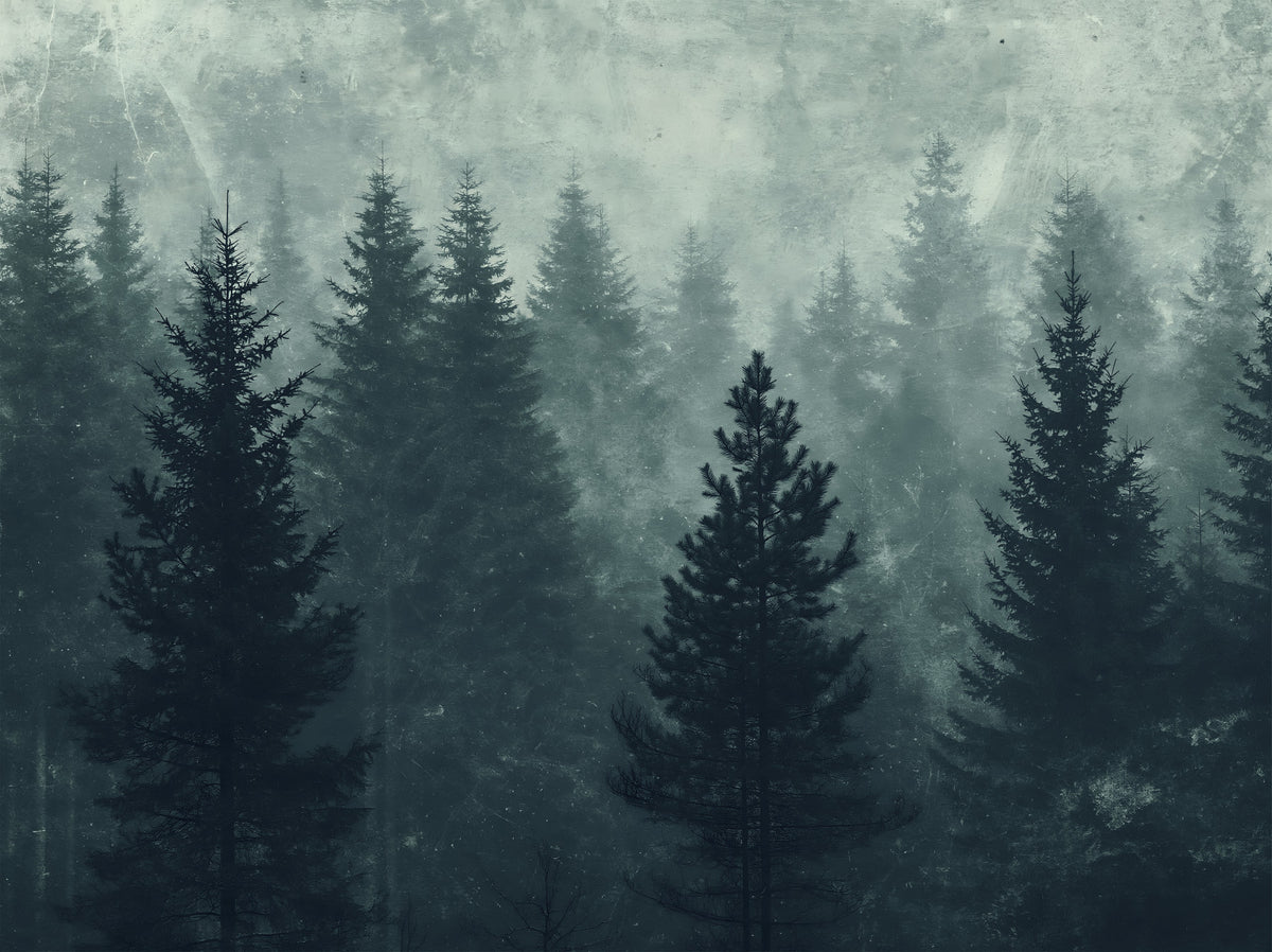 Misty Pine Forest Silhouette Wall Mural in your room