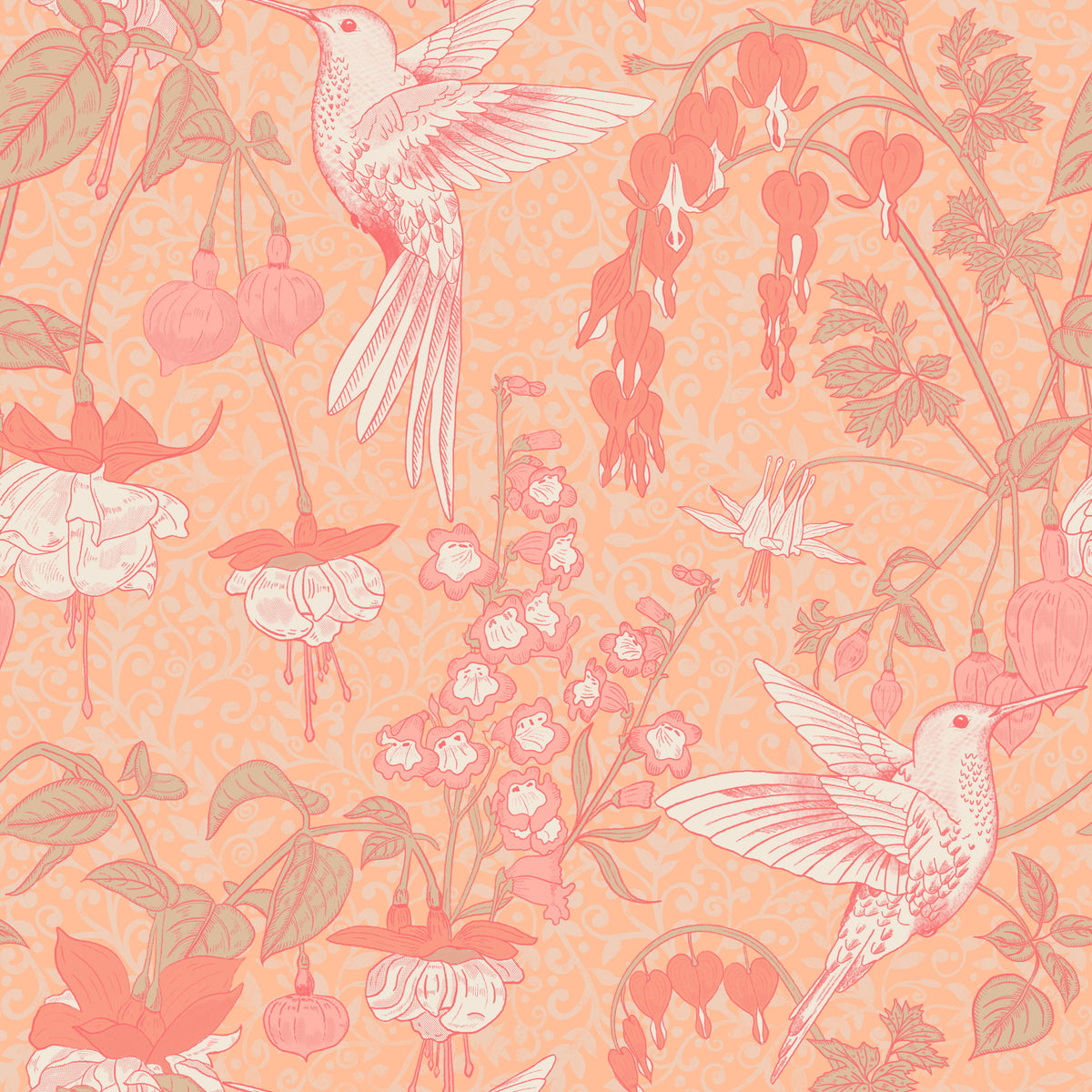 Hummingbird and Fuchsia Garden Wallpaper⁠ in your room — zoomed