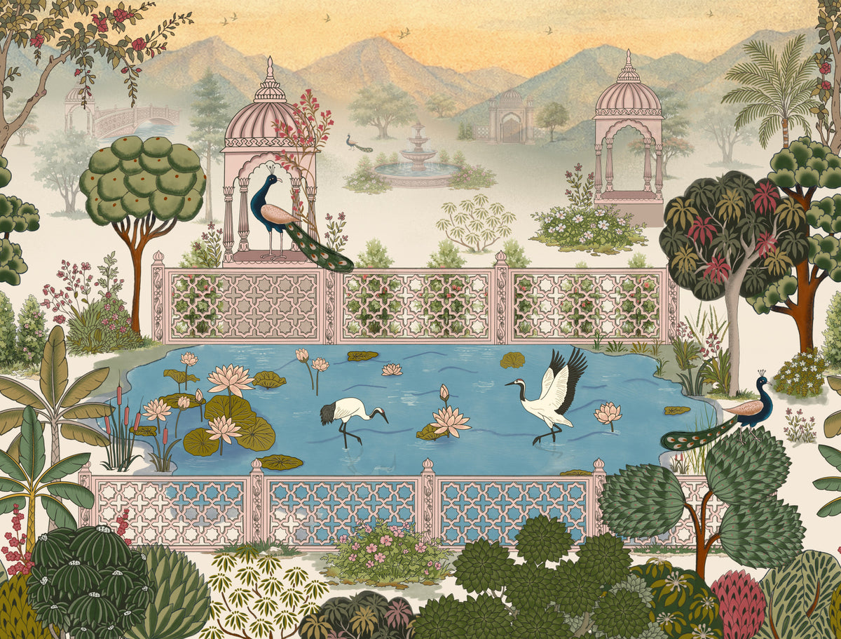 Serene Lotus Pond and Pavilion Vista Wall Mural in your room