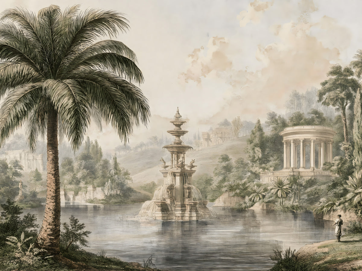 Serene Park Pond and Classical Architecture Wall Mural in your room