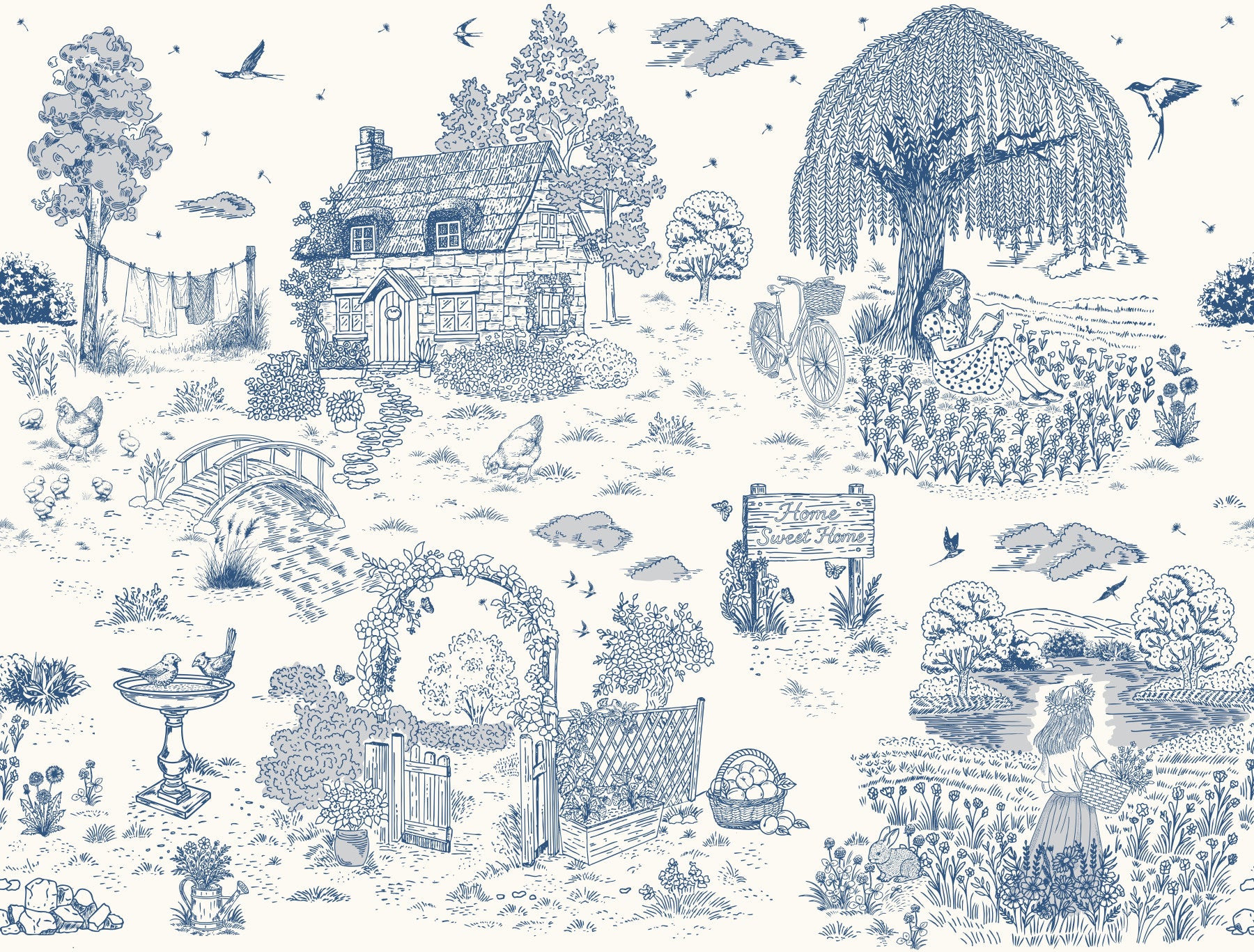 Toile de Jouy Country Cottage Sketch Wall Mural