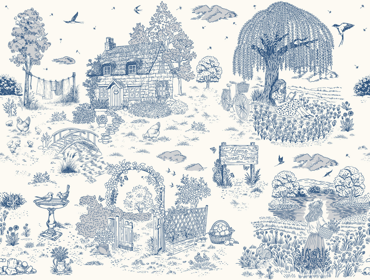 Toile de Jouy Country Cottage Sketch Wall Mural