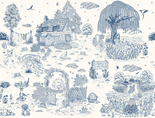 Toile de Jouy Country Cottage Sketch Wall Mural