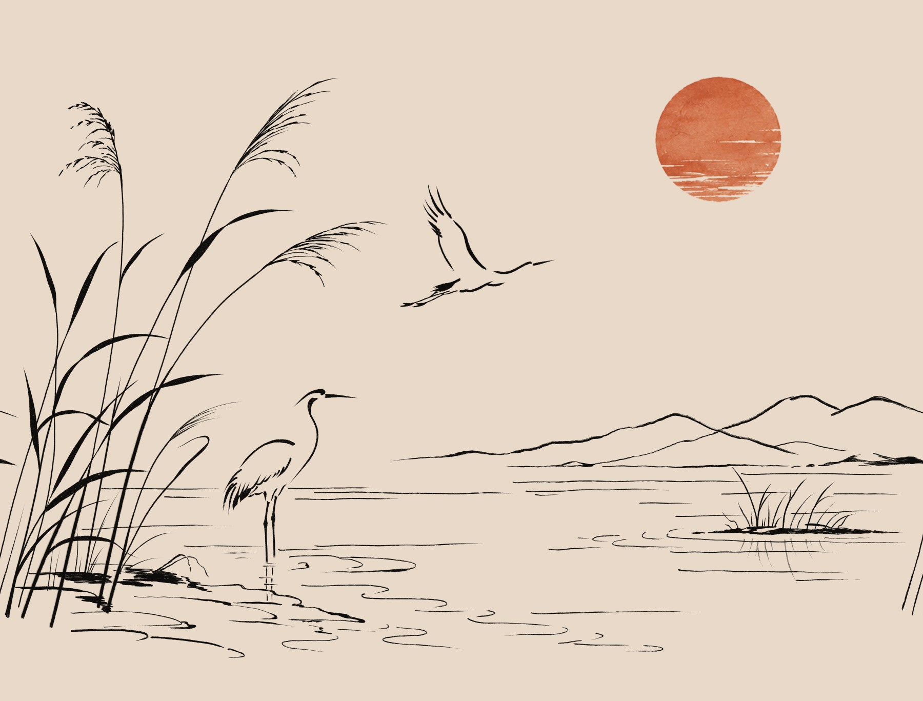 Minimalist Ink Wash Heron Landscape Wall Mural