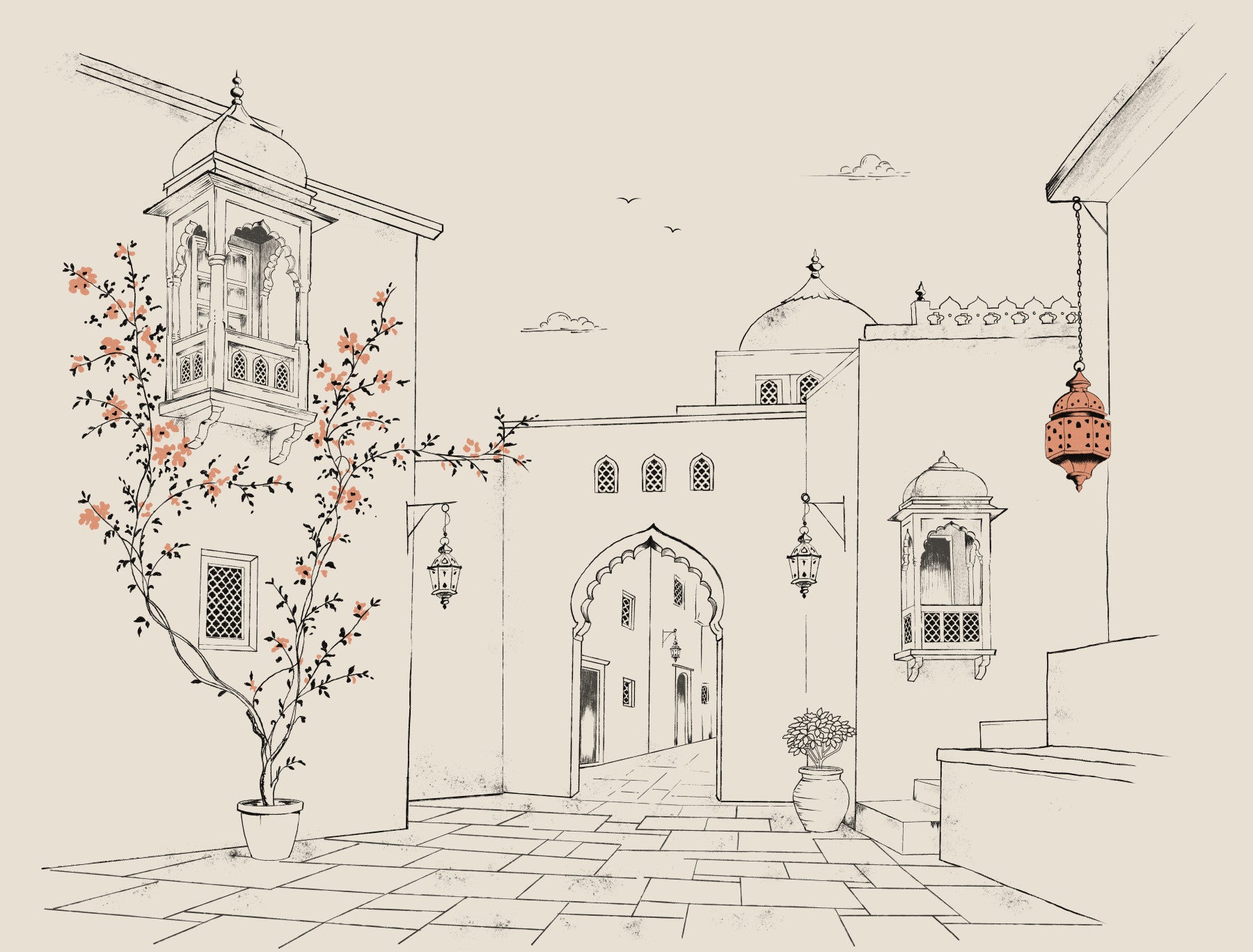 Serene Architectural Courtyard Sketch Wall Mural