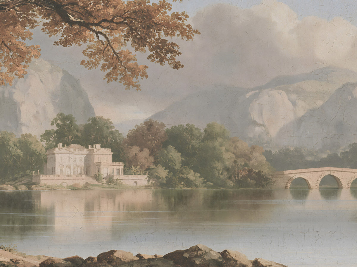 Hazy Mountain Lake Retreat Wall Mural in your room