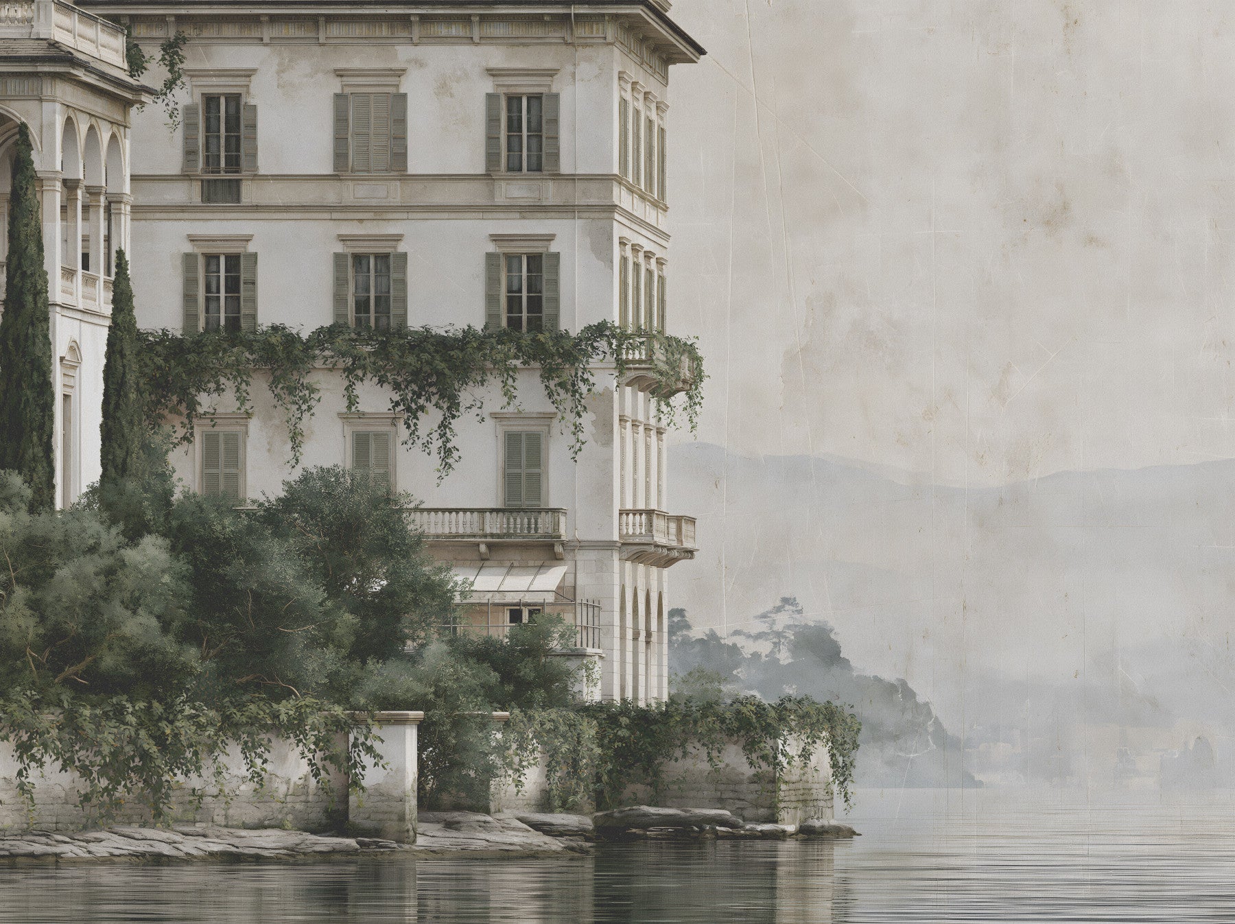 Misty Lakefront Manor Sketch Wall Mural