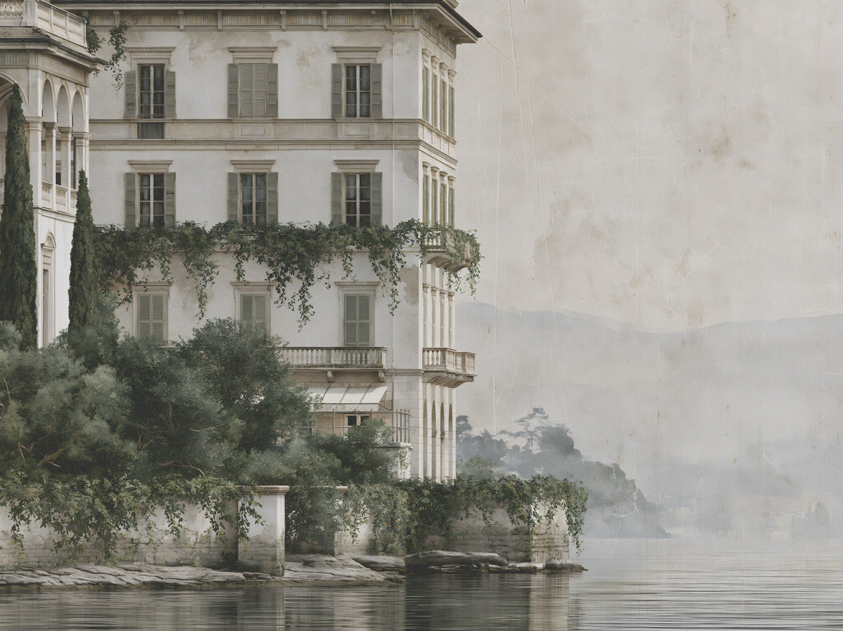 Misty Lakefront Manor Sketch Wall Mural