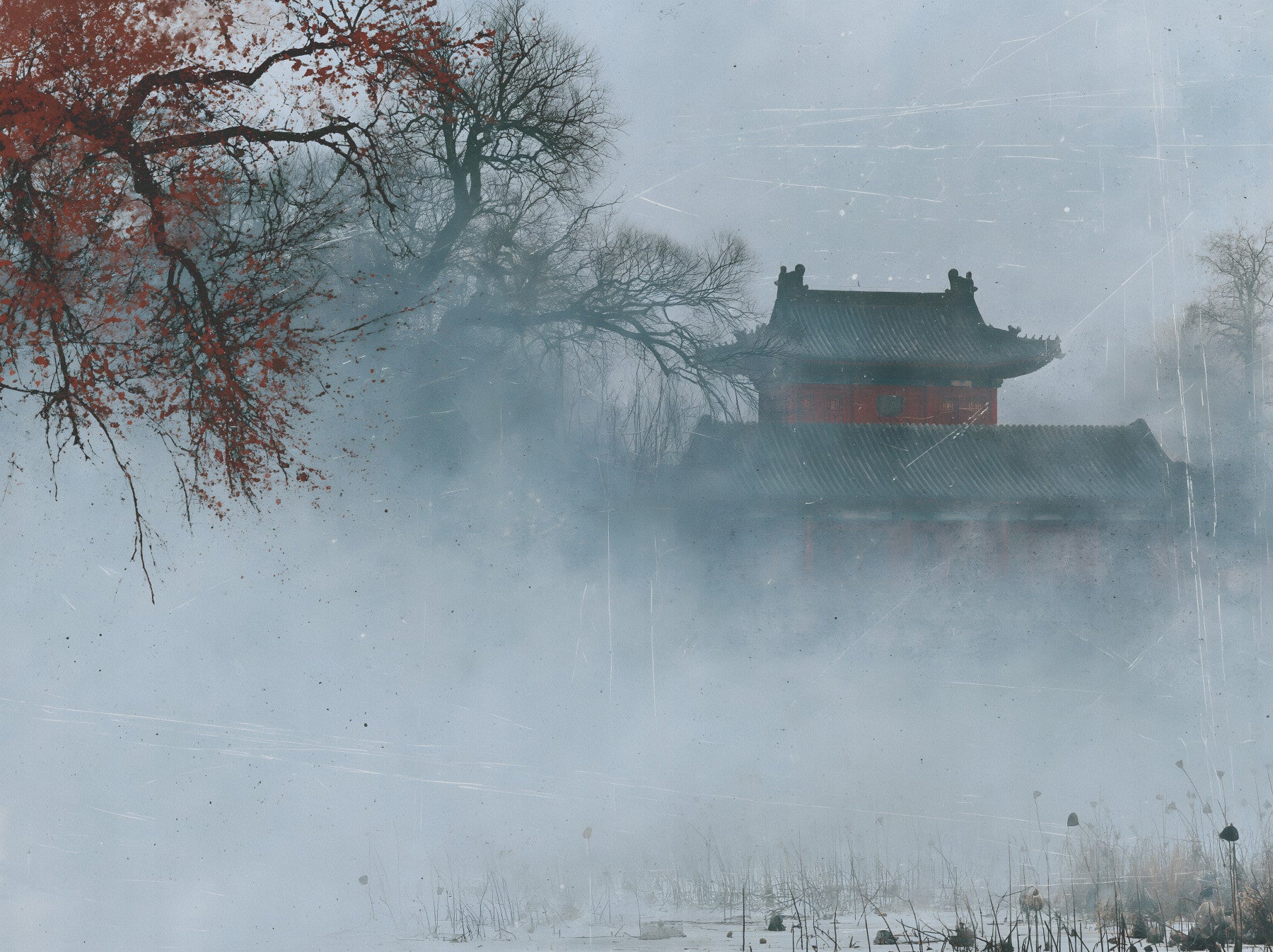 Crimson Pagoda in Winter Fog Wall Mural
