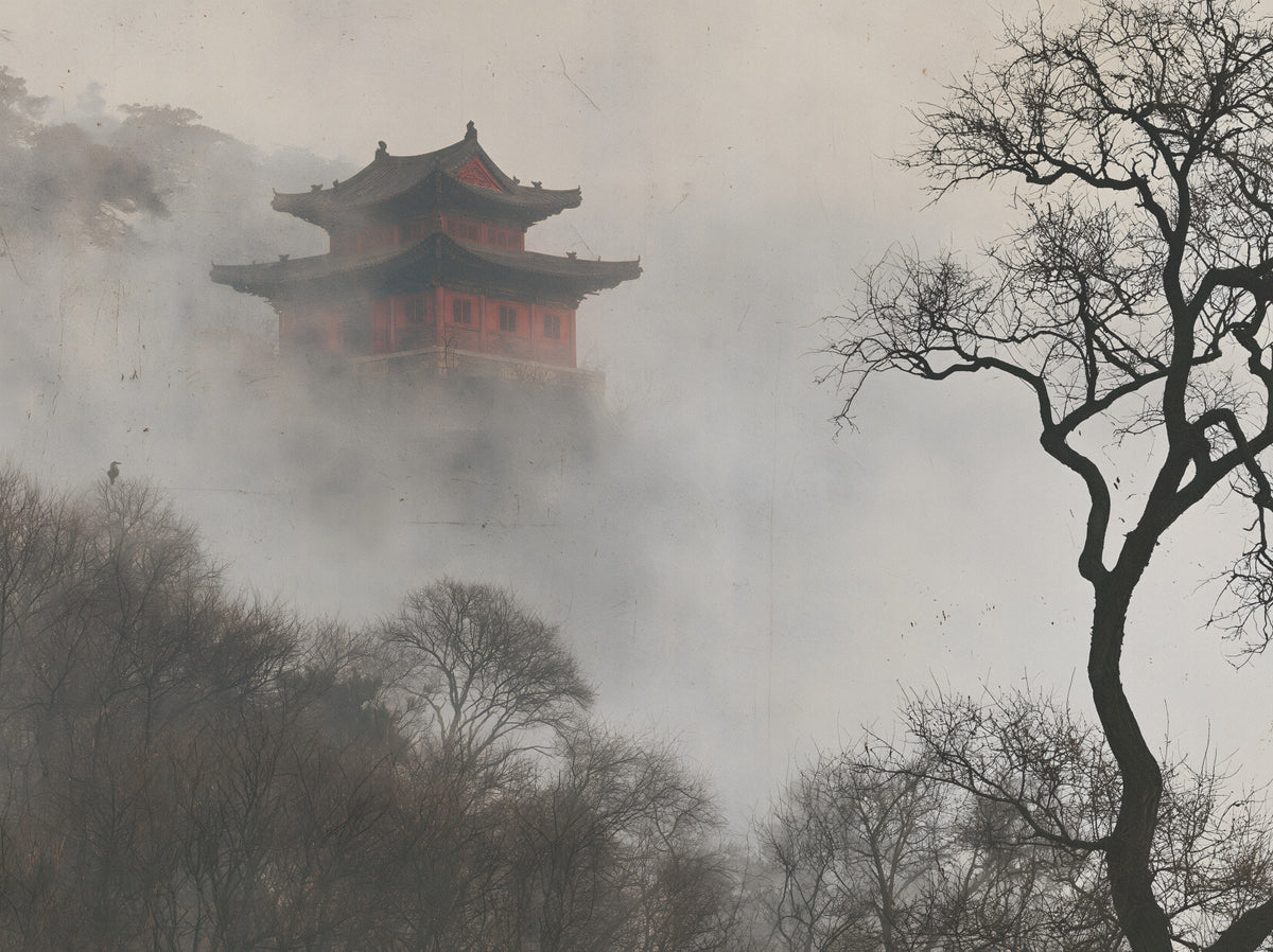 Misty Pagoda Mountain Retreat Wall Mural in your room — zoomed