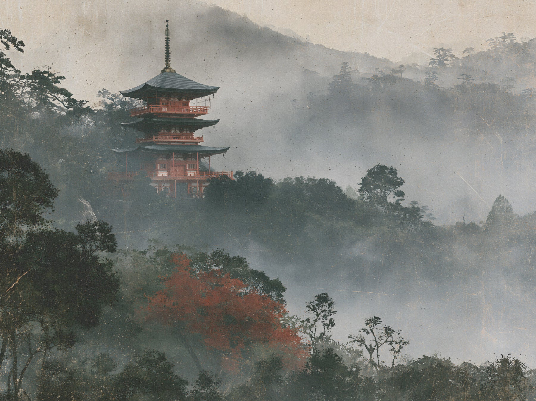 Ancient Temple in Foggy Woods Wall Mural