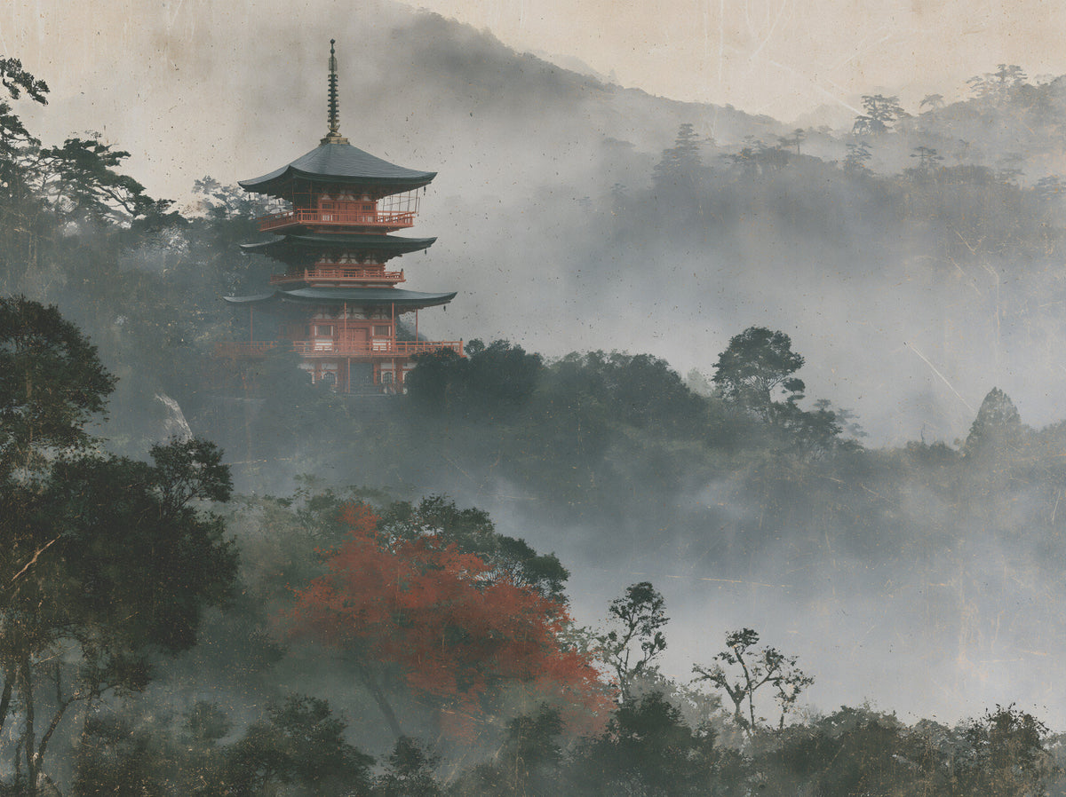 Ancient Temple in Foggy Woods Wall Mural in your room