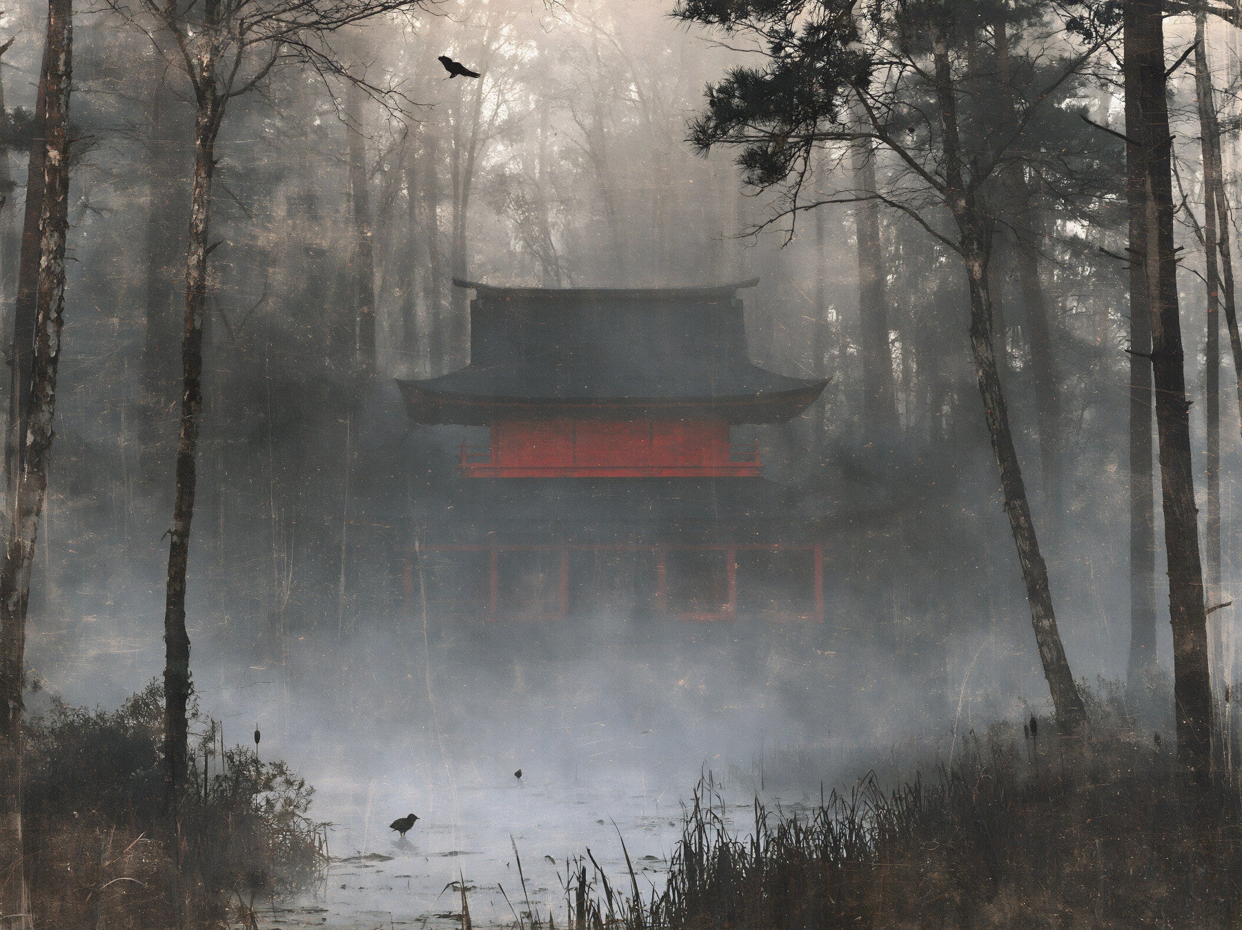 Zen Temple Foggy Woodland Wall Mural