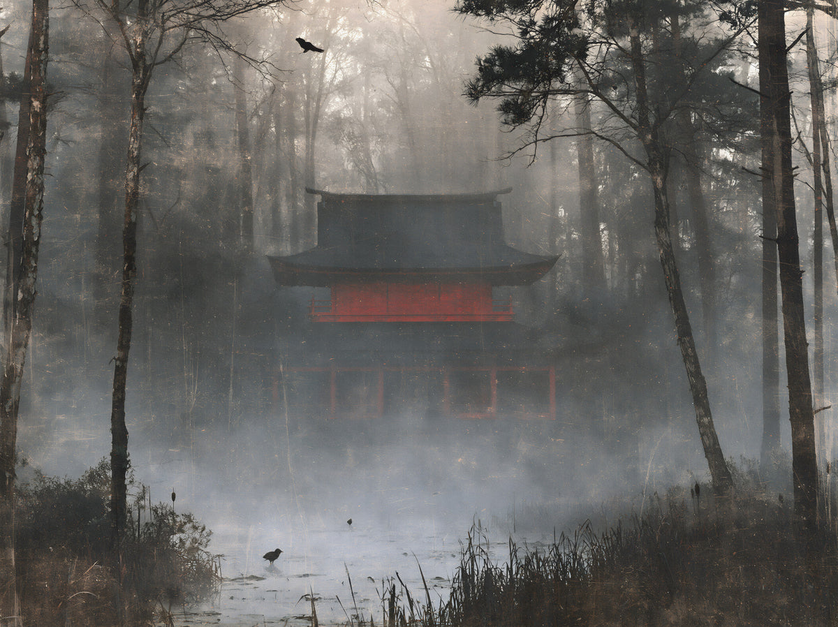 Zen Temple Foggy Woodland Wall Mural in your room — zoomed