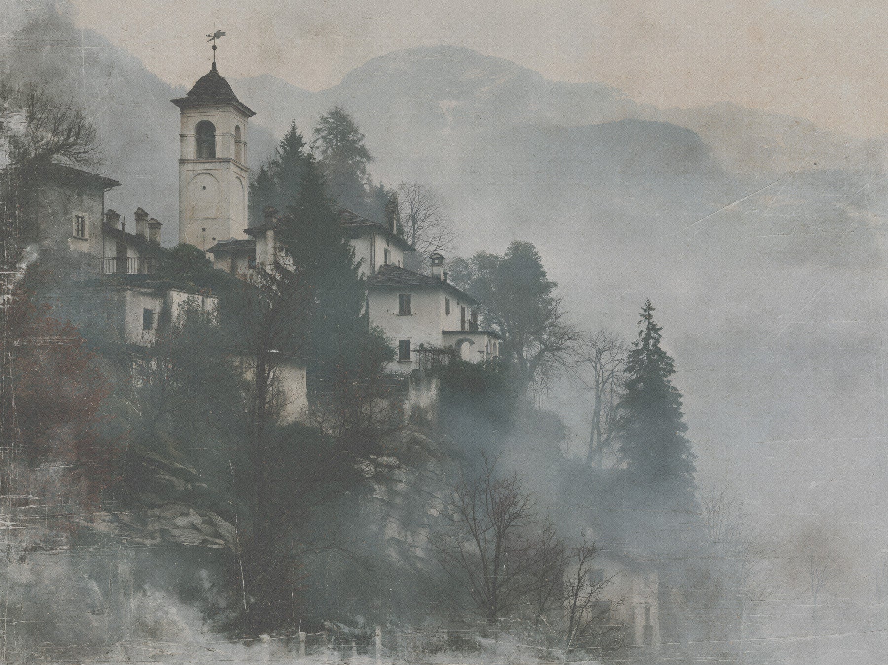 Vintage Foggy Hillside Retreat Wall Mural