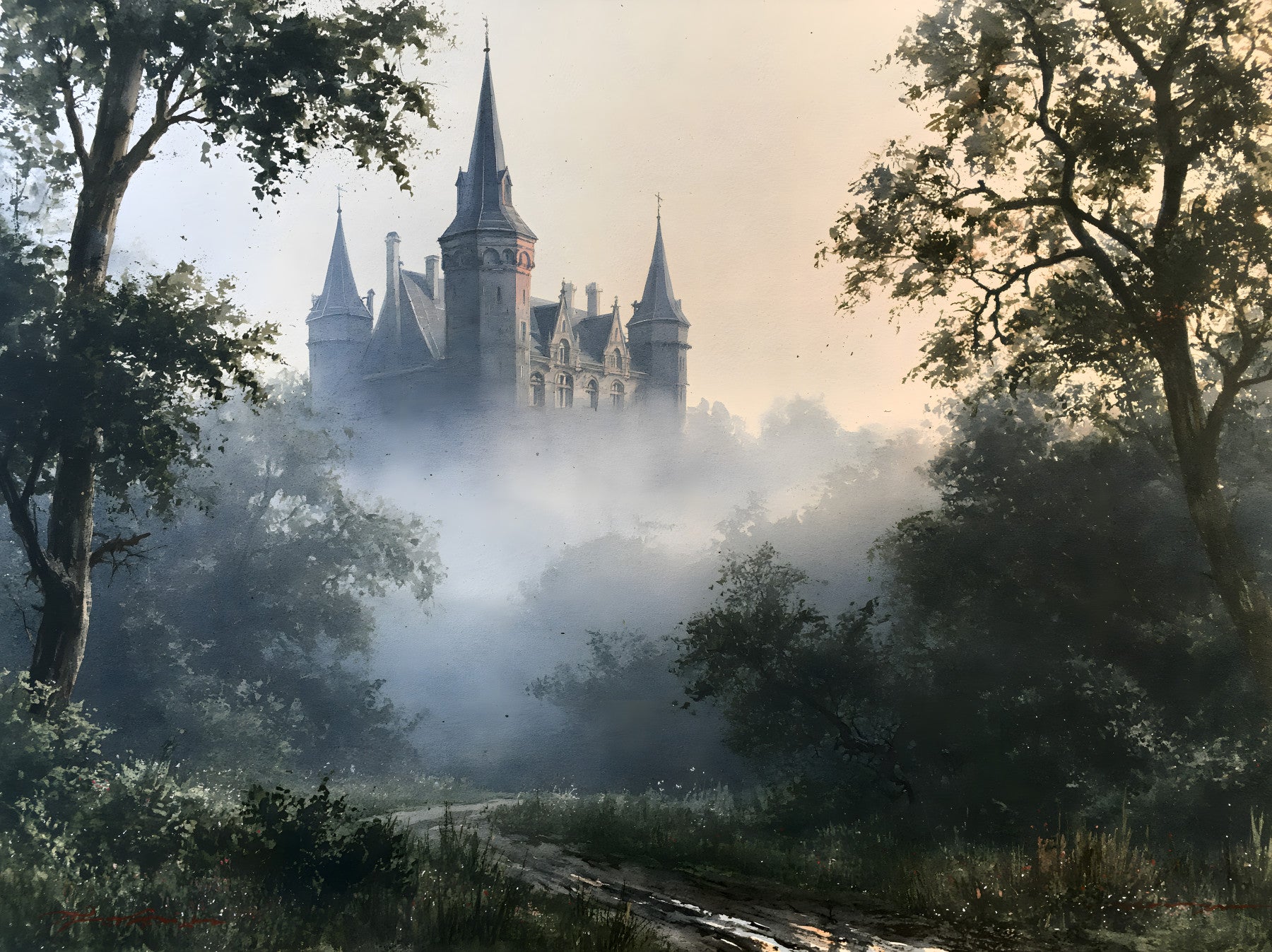 Gothic Chateau in Morning Fog Wall Mural