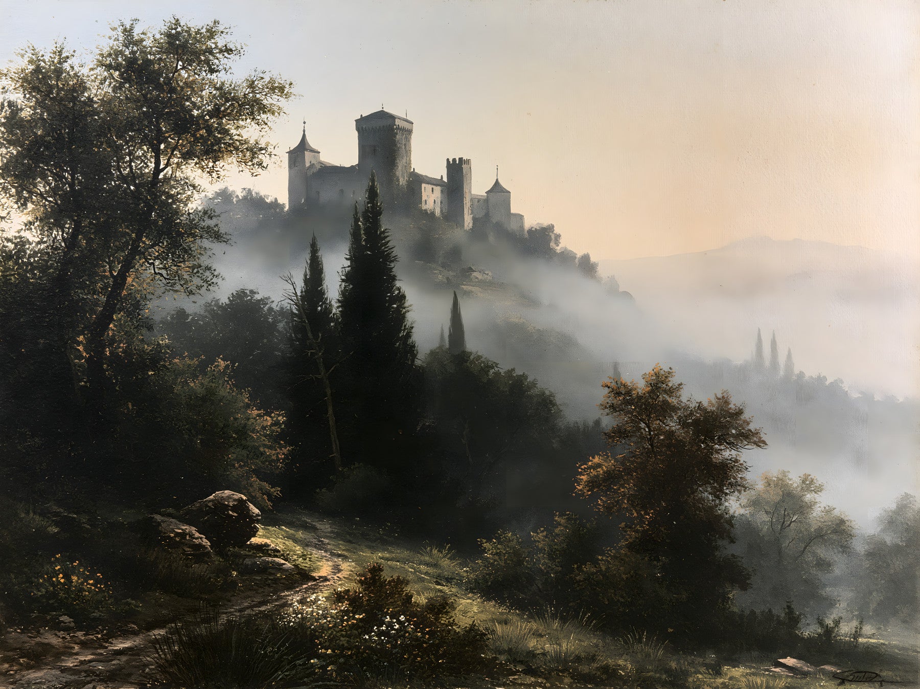 Forgotten Fortress in Morning Mist Wall Mural
