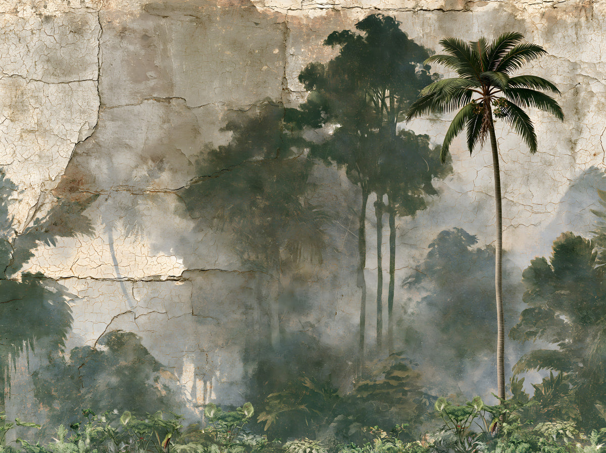 Misty Palm Forest Plaster Effect Wall Mural in your room — zoomed