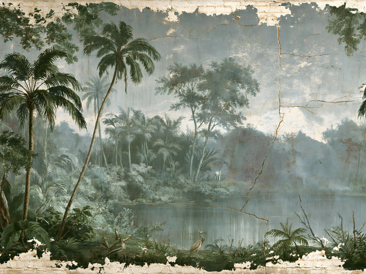 Aged Botanical Riverside Scene Wall Mural