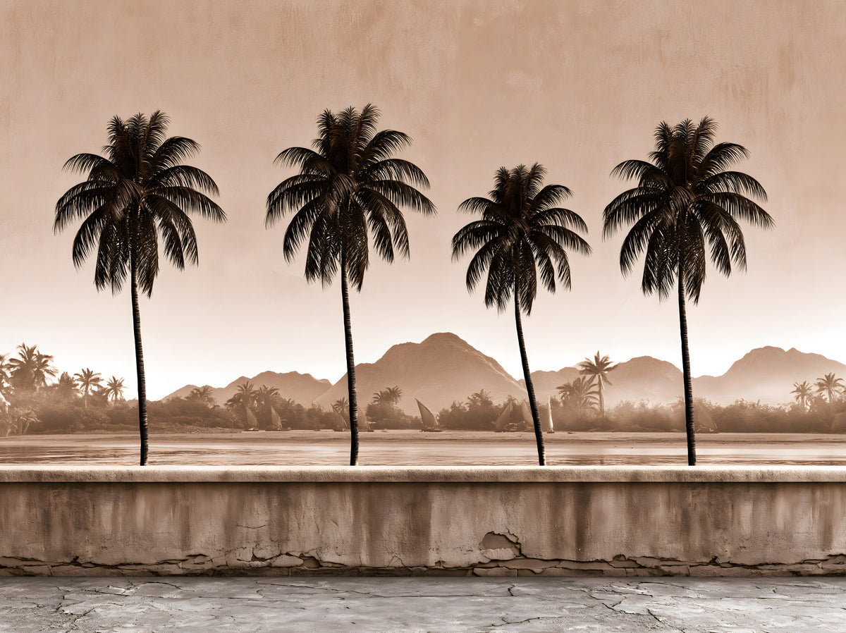 Sepia Palm Shoreline Landscape Wall Mural in your room