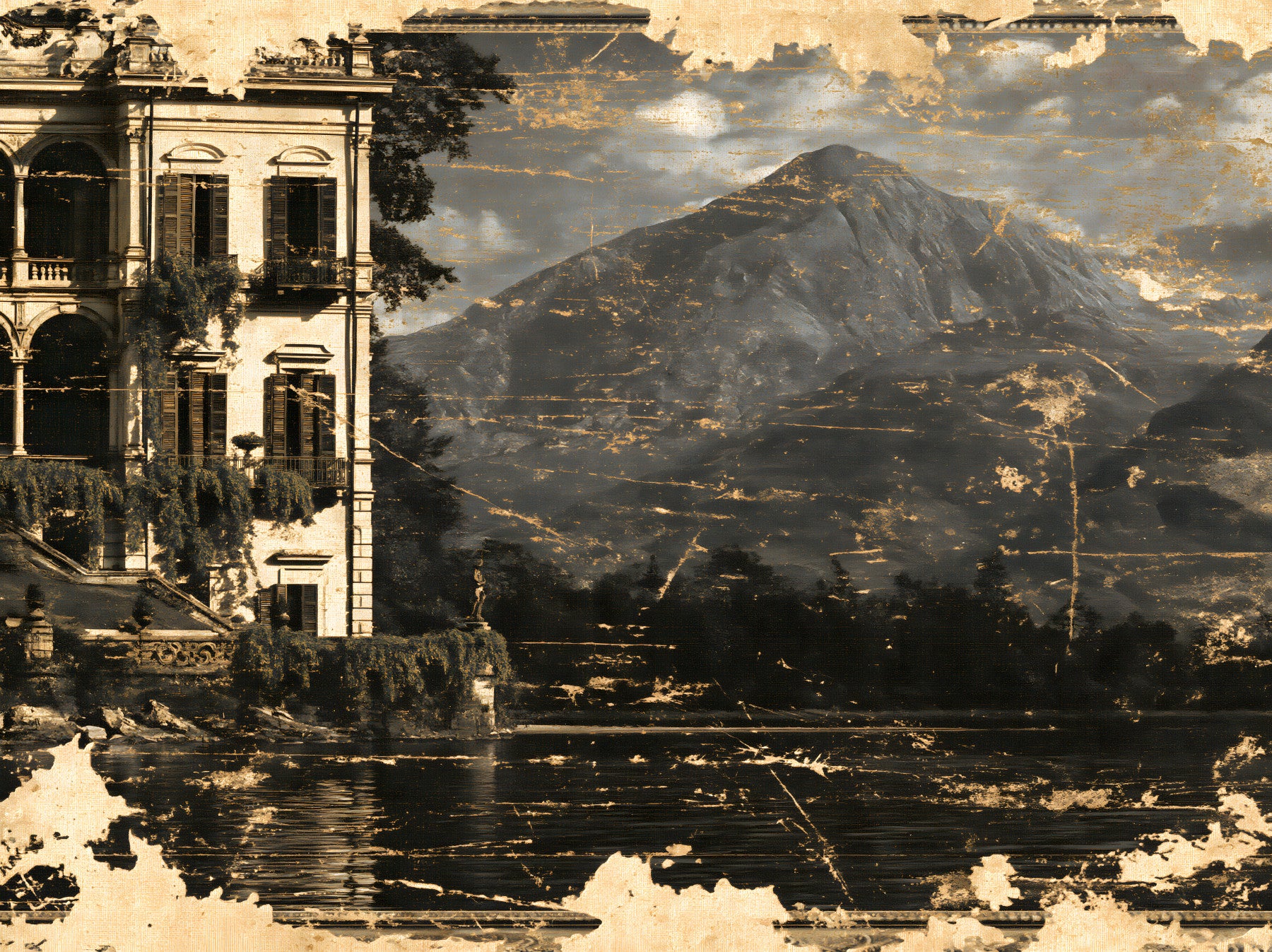 Sepia Tone Lakeside Villa Heritage Wall Mural