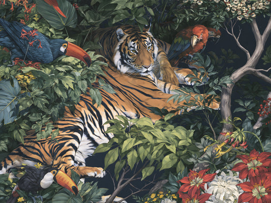 Midnight Jungle Tiger and Toucans Wall Mural