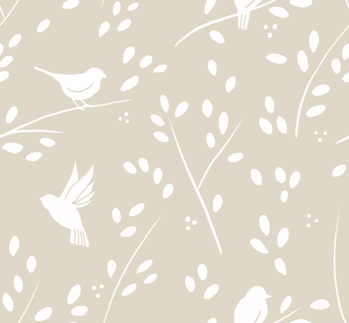 Serene Minimalist Garden Birds in Soft Taupe Wallpaper⁠ in your room — zoomed