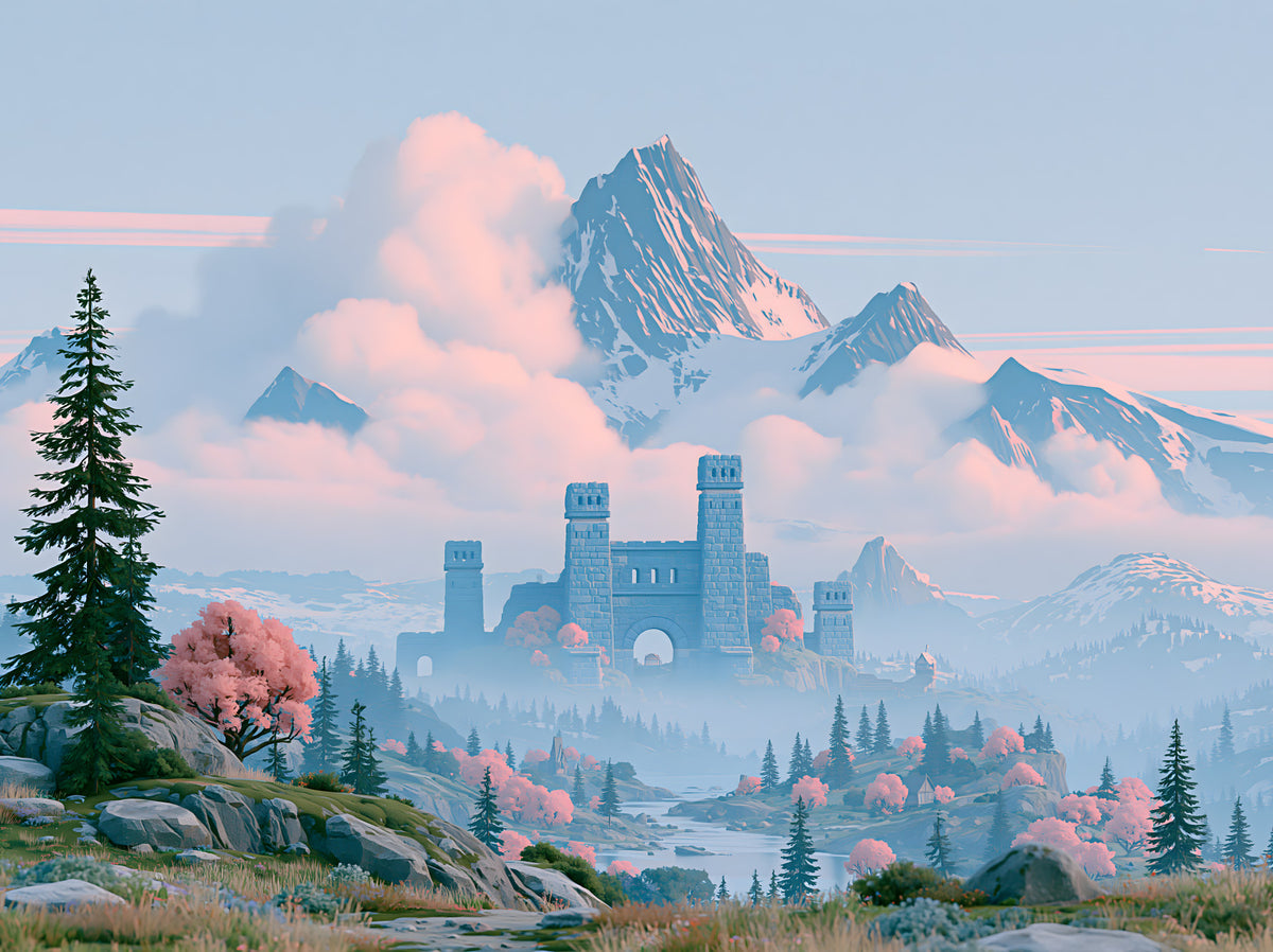 Enchanted Highland Fortress Landscape Wall Mural in your room — zoomed