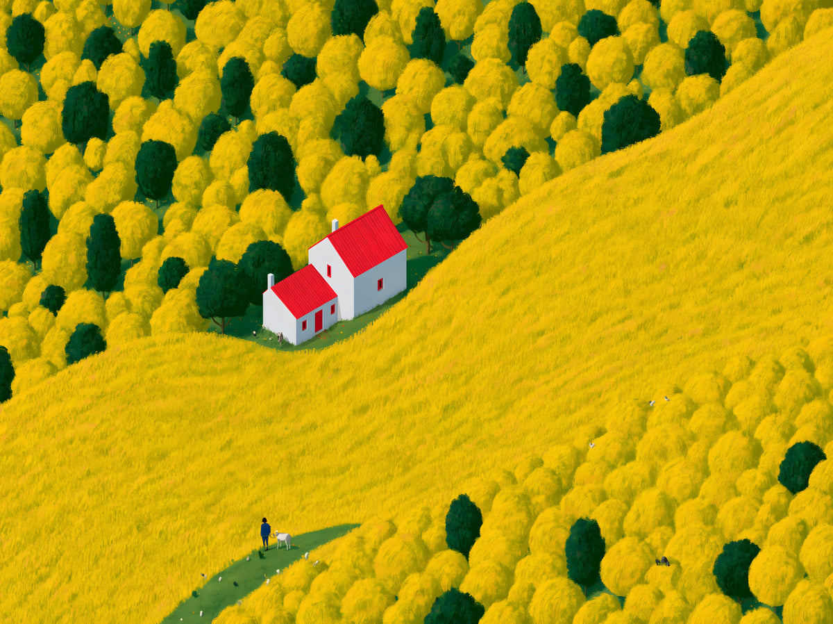 Sunlit Rural Cottage Landscape Wall Mural in your room