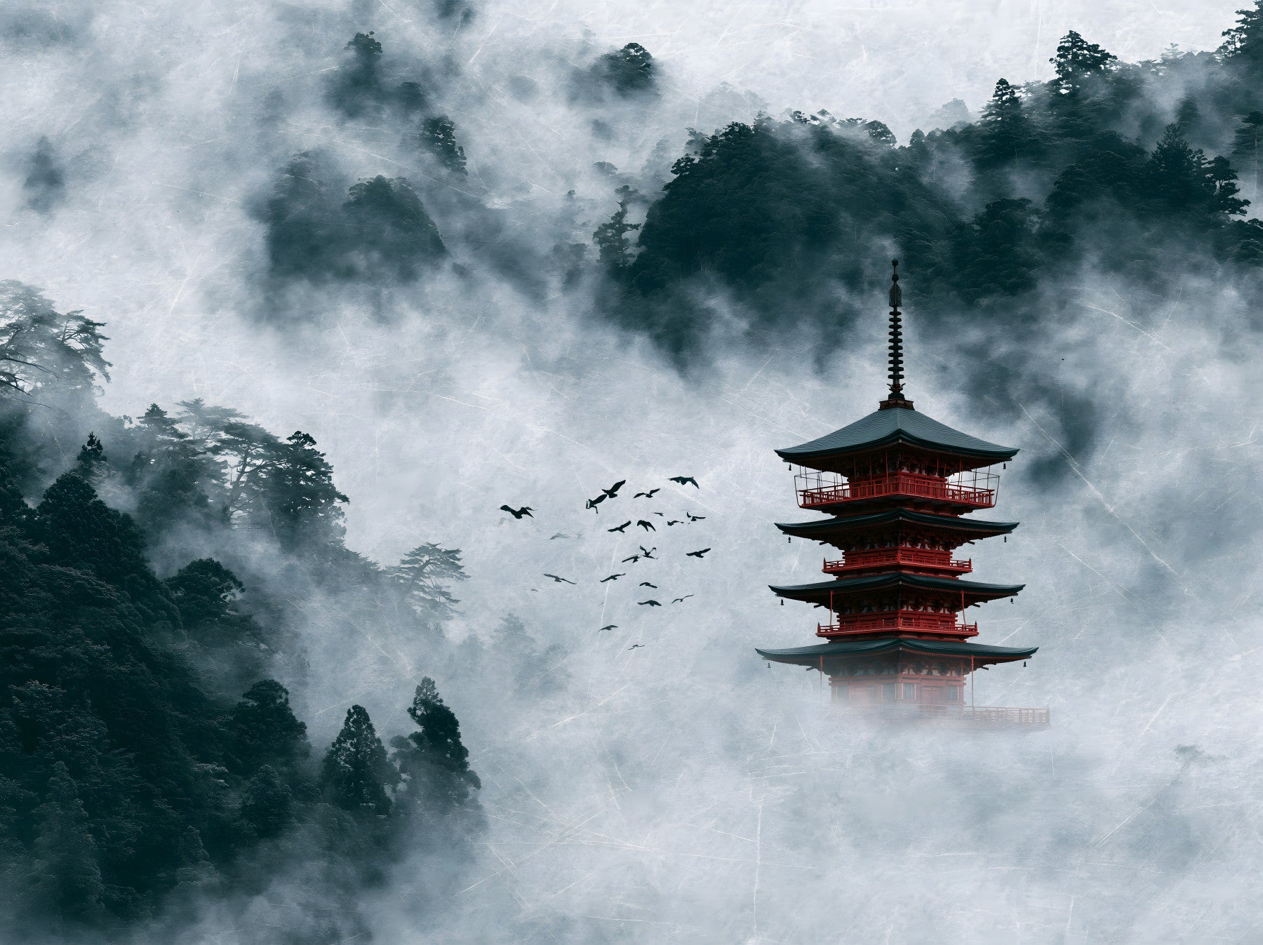 Misty Red Pagoda Mountain Sanctuary Wall Mural