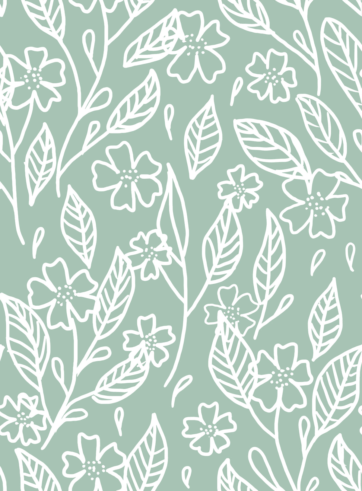 Sage Green Hand-Drawn Floral Line Art Wallpaper⁠ in your room