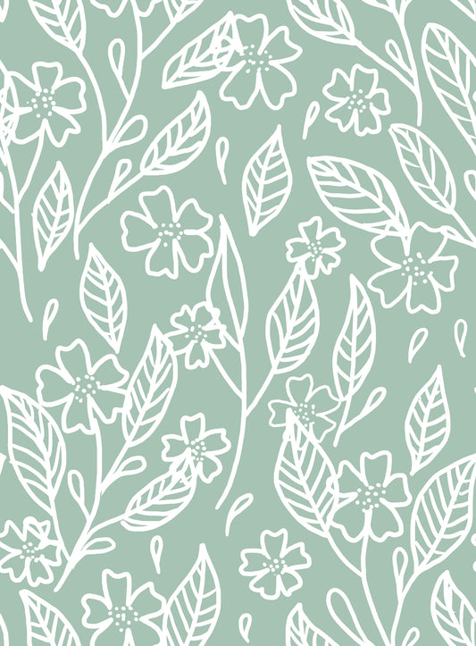 Sage Green Hand-Drawn Floral Line Art Wallpaper⁠