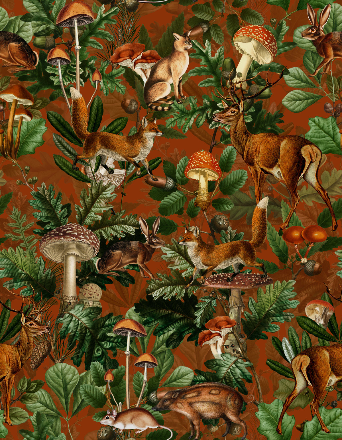 Rustic Woodland Creatures and Fungi Tapestry Wallpaper⁠ in your room — zoomed