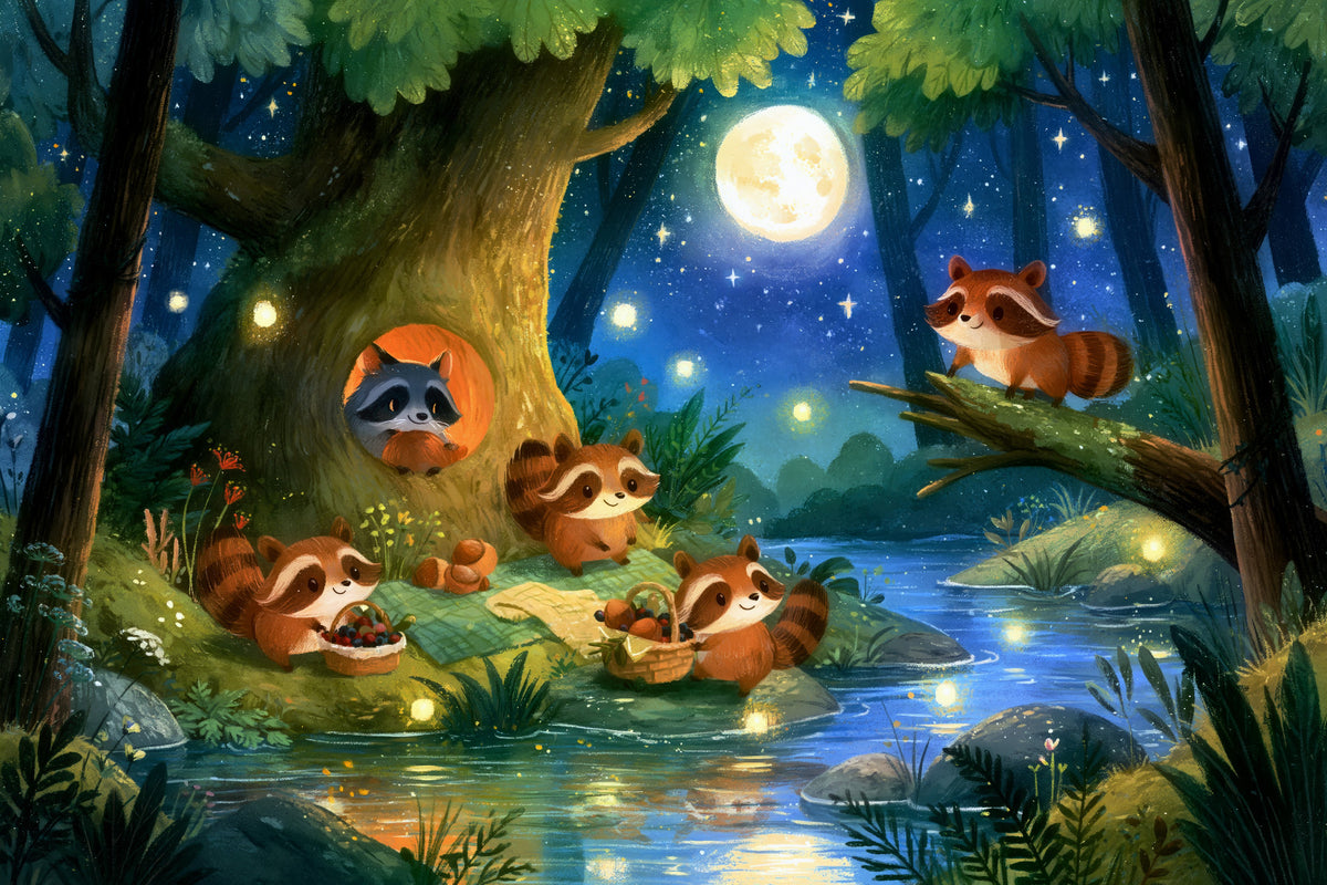 Moonlit Raccoon Forest Picnic Wall Mural in your room
