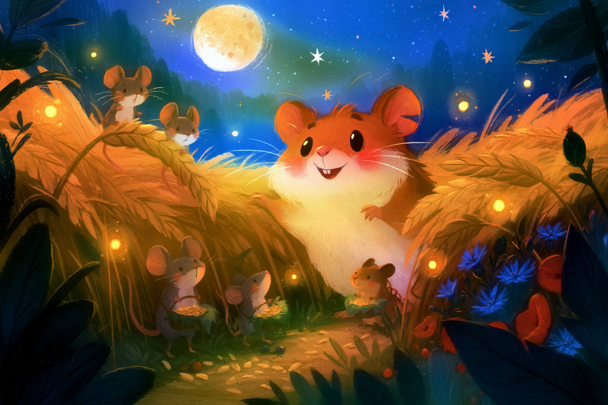 Midnight Hamster Forest Firefly Gathering Wall Mural in your room — zoomed