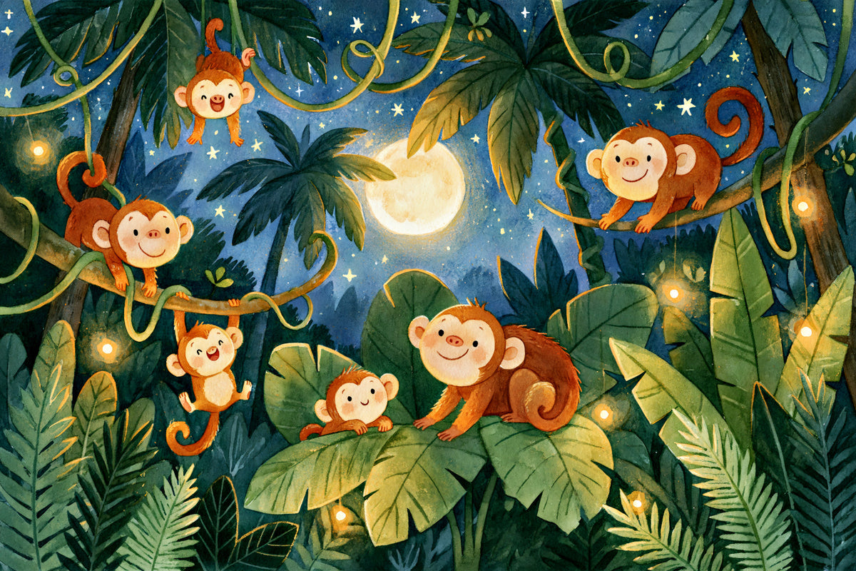 Moonlit Jungle Monkey Friends Wall Mural in your room