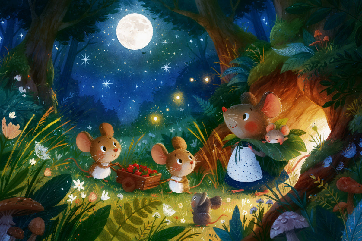 Midnight Forest Mouse Gathering Wall Mural in your room — zoomed