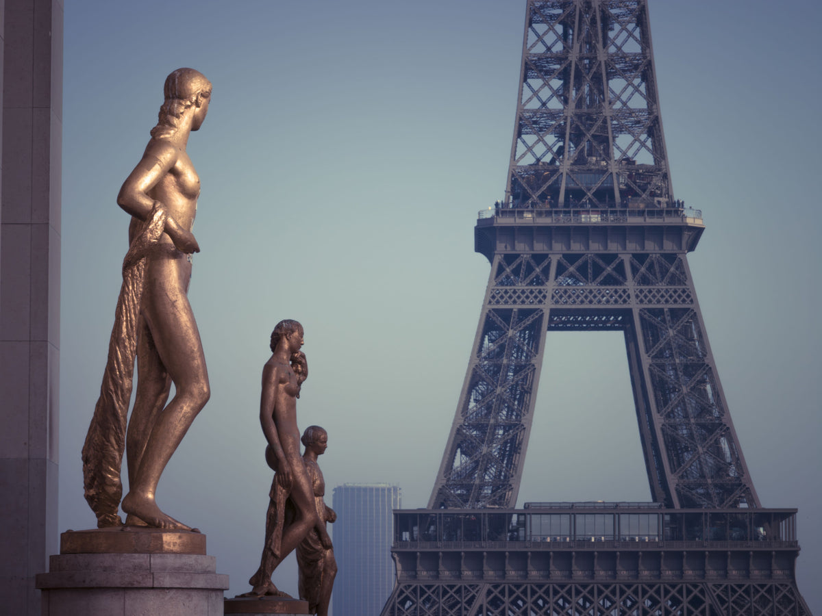 Bronze Sculptures and Eiffel Tower Detail Wall Mural in your room — zoomed