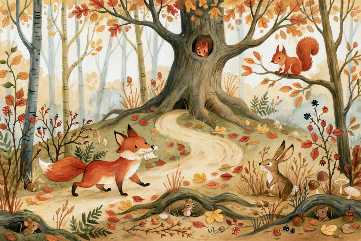 Autumn Woodland Animal Friends Wall Mural in your room — zoomed
