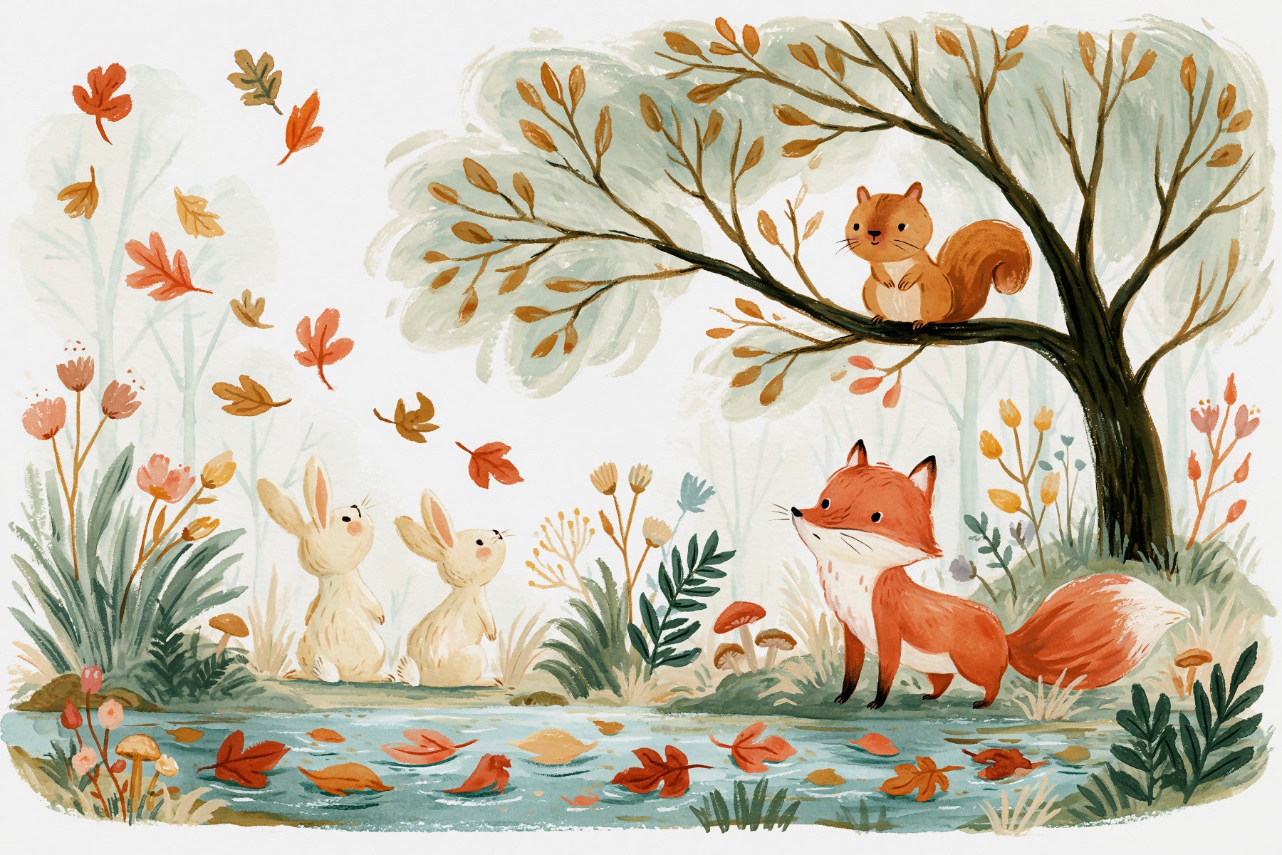 Autumn Woodland Friends Illustration Wall Mural in your room — zoomed