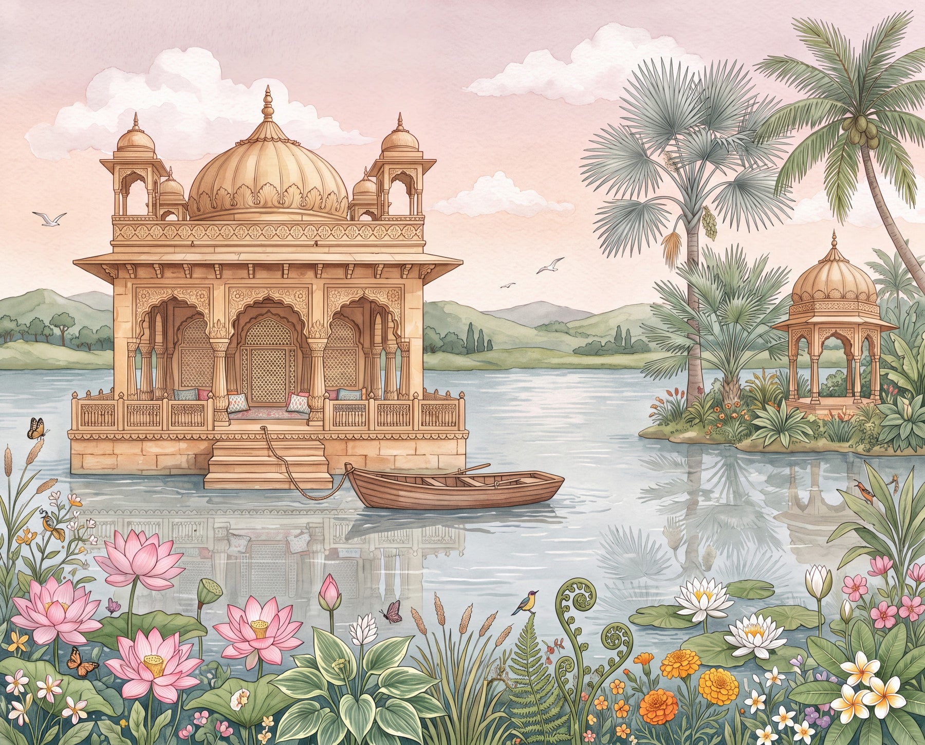 The Lotus Lake Palace Wall Mural in your room — zoomed